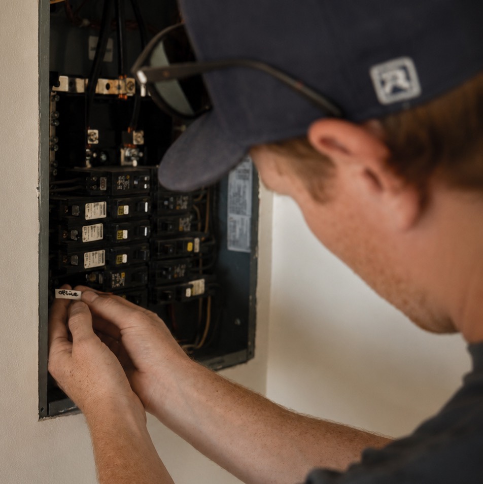 Adam Keif labeling a breaker in an electrical panel on a San Luis Obispo job